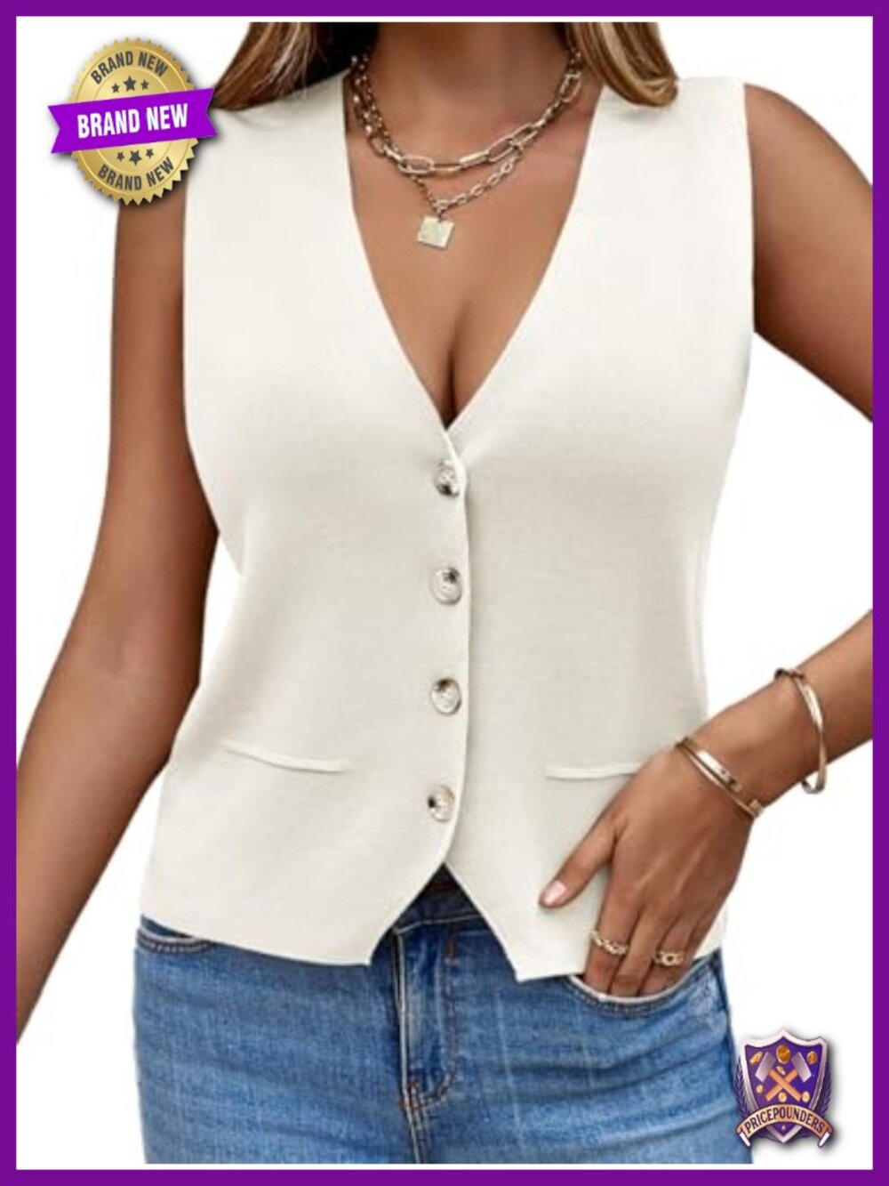 Sleeveless V Neck Button Down Knit Sweater Vest Loose Fit Cardigan